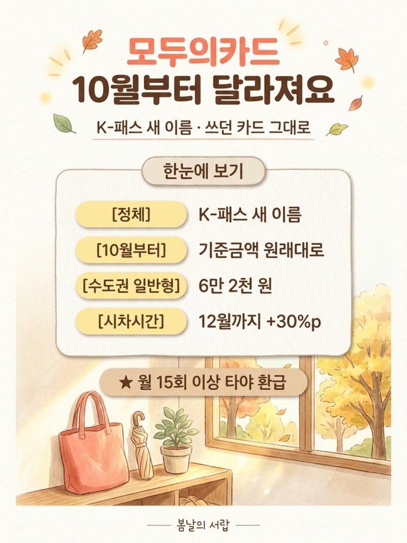 모두의카드 10월 환급 줄어요? 8만 원 쓰면 1만 8천 원｜K-패스 차이·신청방법·어르신