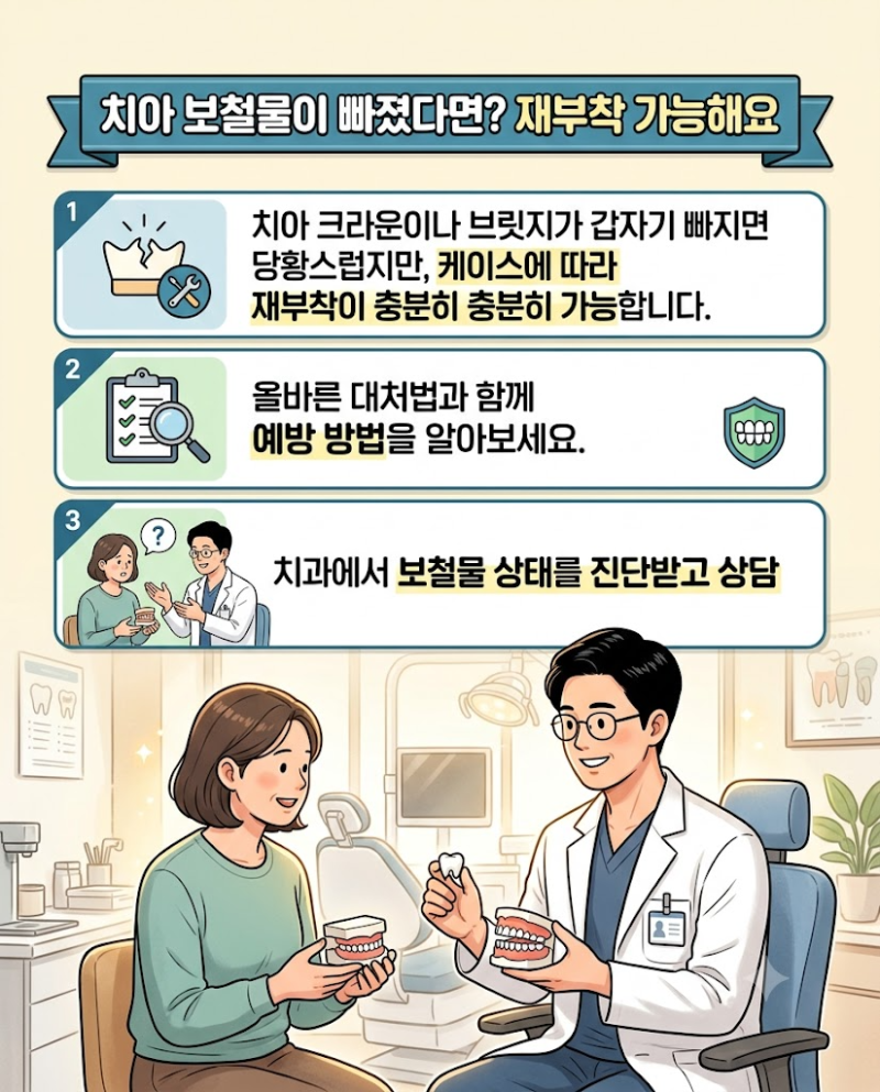 치아 보철물이 빠졌다면? 재부착 가능해요