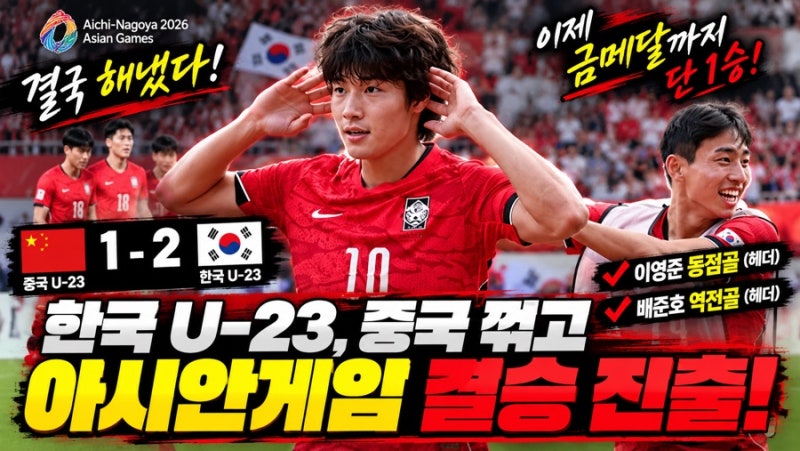 이영준·배준호가 중국 무너뜨렸다, 한국 축구 4연패까지 1승