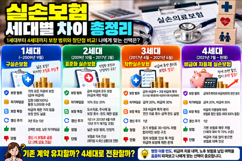 실손보험 세대별 차이 총정리: 1세대부터 4세대까지 보장 범위와 장단점 비교