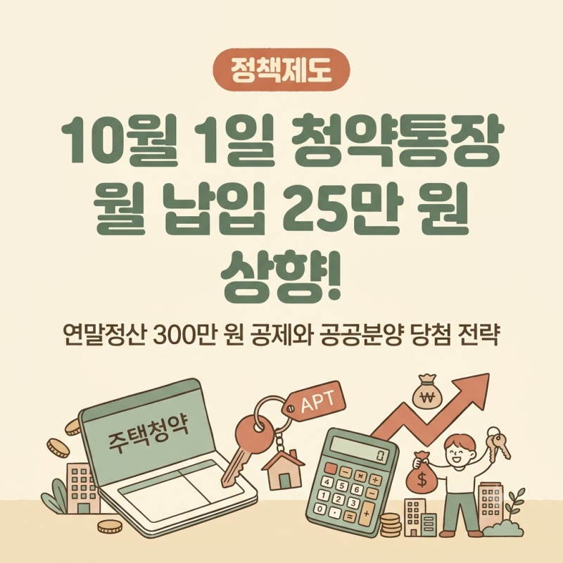 10월 1일 청약통장 월 납입액 25만 원 상향! 연말정산 300만 원 공제와 공공분양 당첨 전략