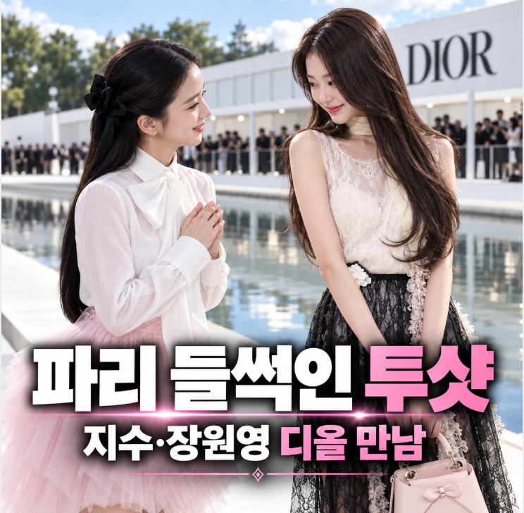 장원영, 디올쇼서 지수 만나 꾸벅 인사…파리서 포착된 K팝 투샷
