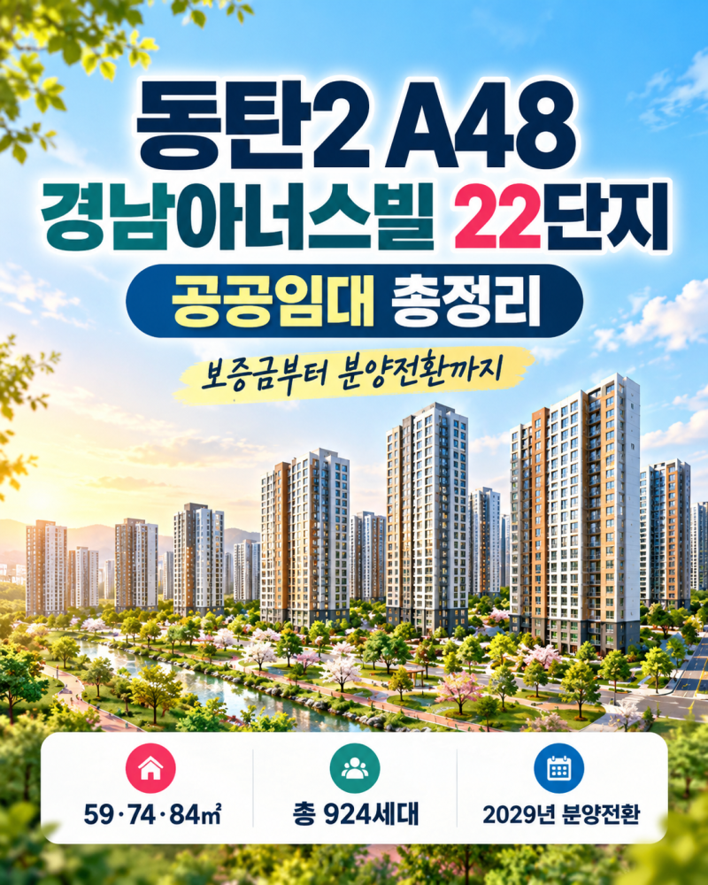 동탄2 A48 경남아너스빌22단지 공공임대59·74·84㎡ 보증금부터 2029년 분양전환까지