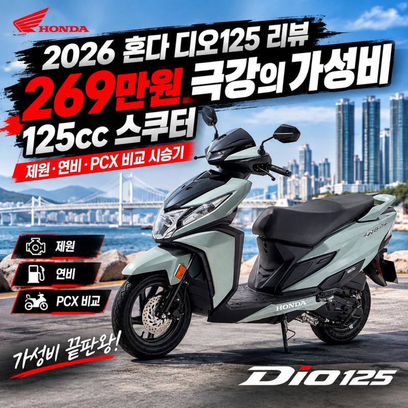 2026 혼다 디오125 리뷰 | 269만원 극강의 가성비 125cc 스쿠터, 제원·연비·PCX 비교 시승기