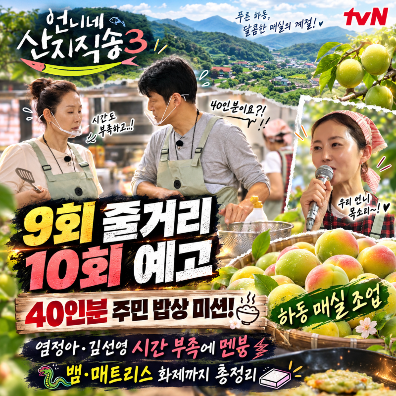 언니네 산지직송3 9회 줄거리 10회 예고｜하동 매실 조업→40인분 주민 밥상 미션! 염정아·김....