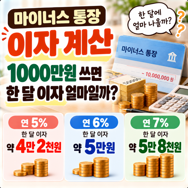 마이너스 통장 이자 계산, 1000만원 쓰면 한 달 이자 얼마일까?