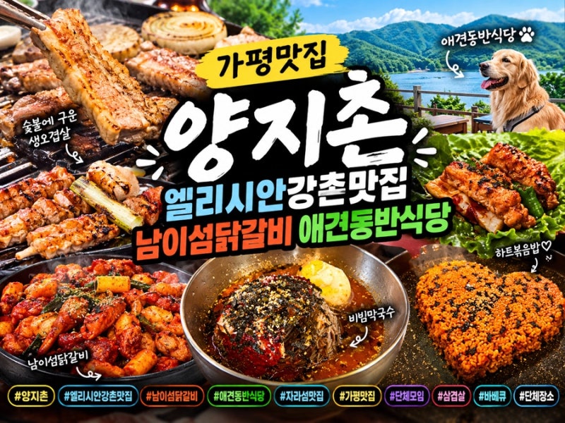 [가평맛집] 양지촌 엘리시안강촌맛집 남이섬닭갈비 애견동반식당, 북한강 보며 먹는 숯불구....