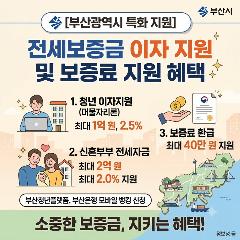 [부산광역시 특화 지원] 전세보증금 이자 지원 및 보증료 지원 혜택
