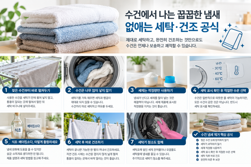 수건 꿉꿉한 냄새 제거! 완벽 세탁·건조 공식으로 보송하게