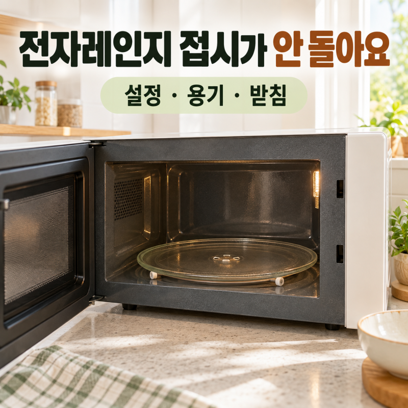 전자레인지 회전판이 안 돌아갈 때, 용기와 받침부터 확인하세요
