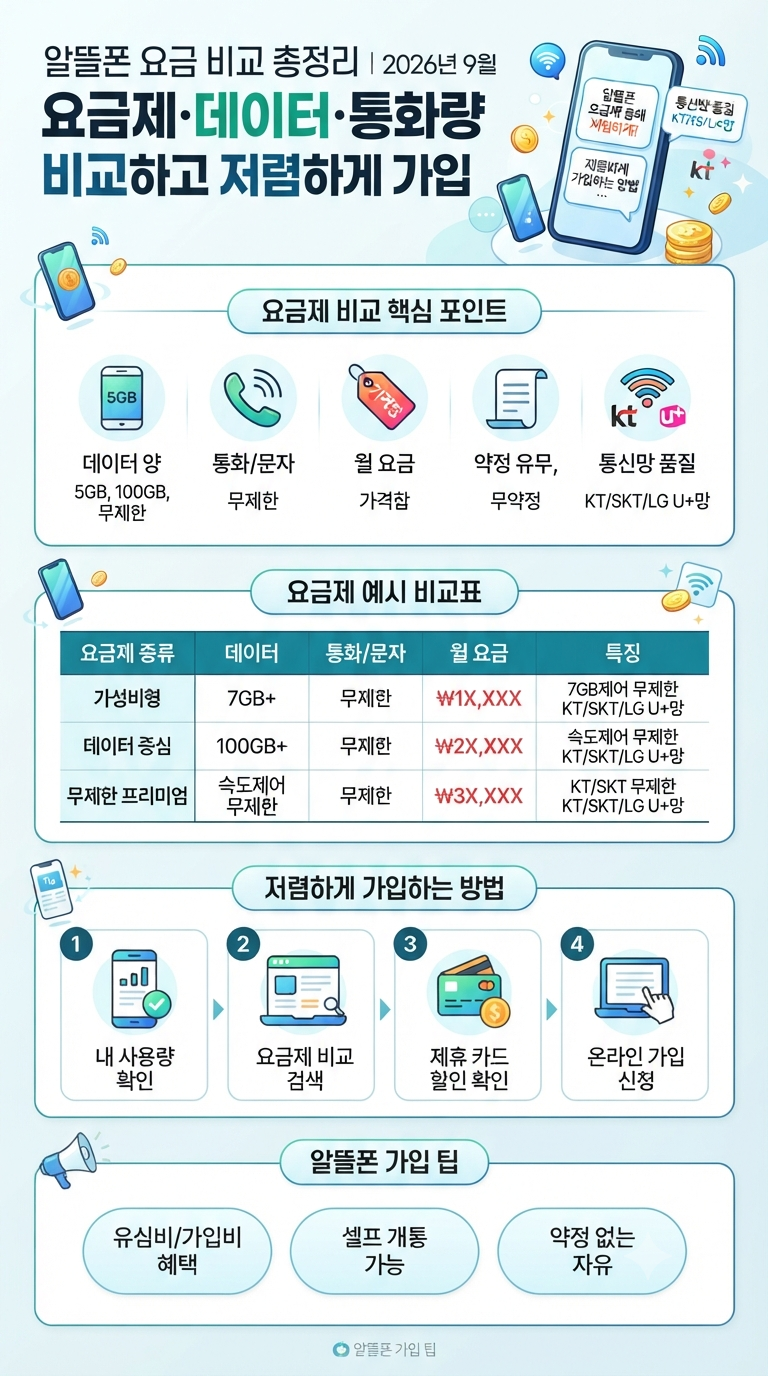 알뜰폰 요금 비교 총정리｜2026년 9월 요금제·데이터·통화량 비교하고 저렴하게 가입하는 방....