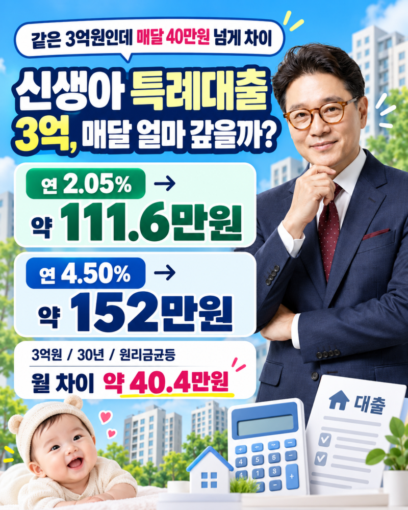 신생아 특례대출 3억 월 상환액, 30년 금리 2.05%와 4.5% 차이
