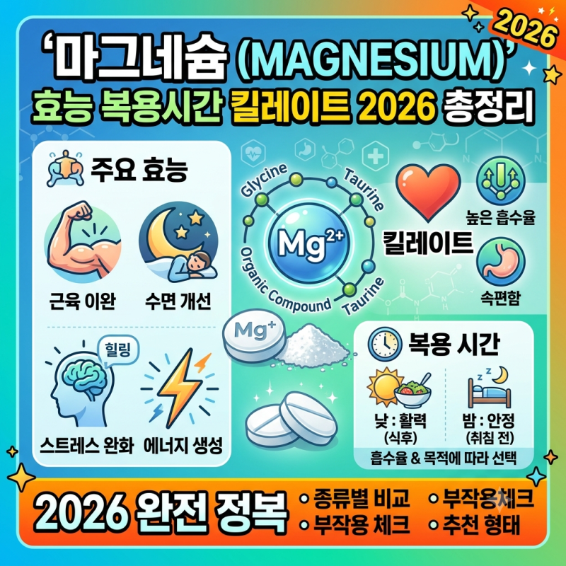 마그네슘 효능 복용시간과 킬레이트 2026 총정리