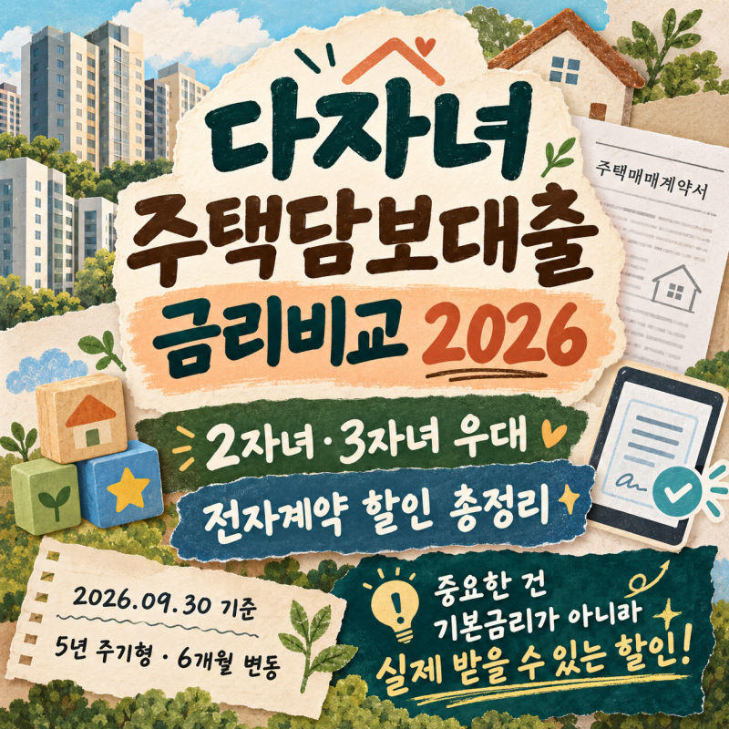 다자녀 주택담보대출 금리비교 2026｜2자녀·3자녀 우대와 전자계약 할인 총정리