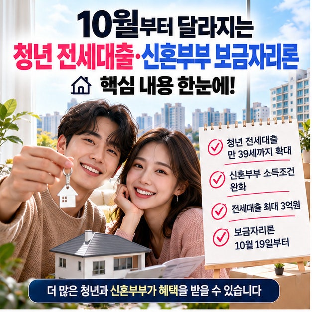 10월 청년 전세대출 조건 39세 확대, 신혼부부 보금자리론 소득조건 한도 완화 정리