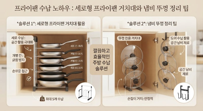 프라이팬 수납 노하우 : 세로형 프라이팬 거치대와 냄비 뚜껑 정리 팁