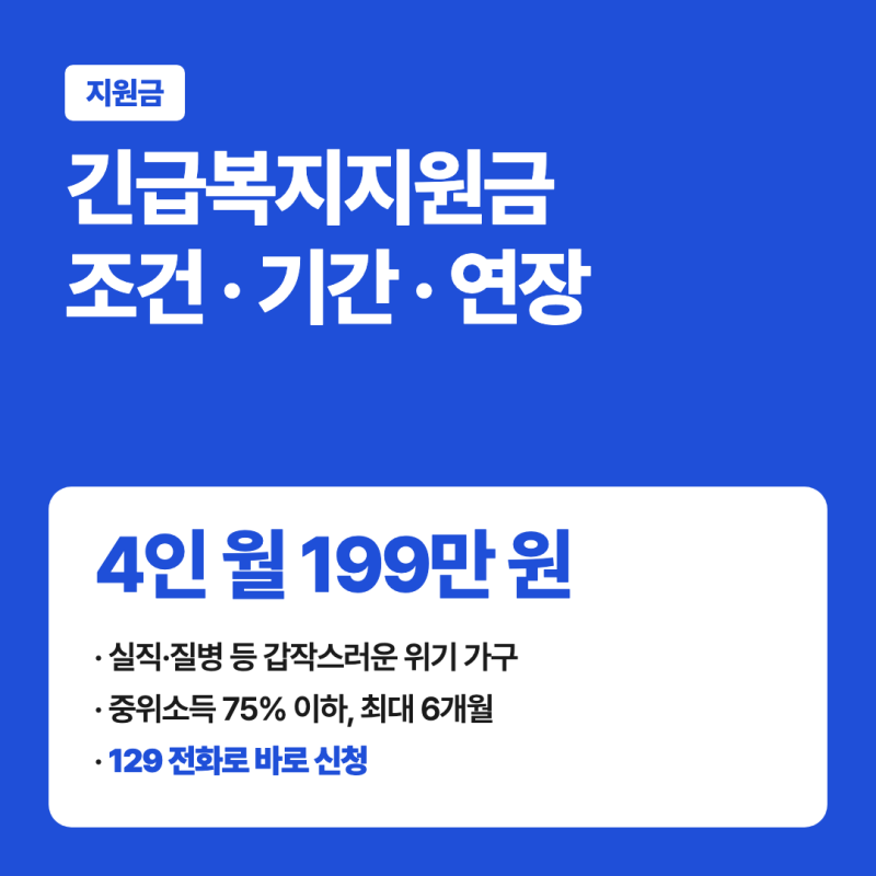 긴급복지지원금 조건과 생계비 4인 199만 원, 지원 기간·연장은 어디까지