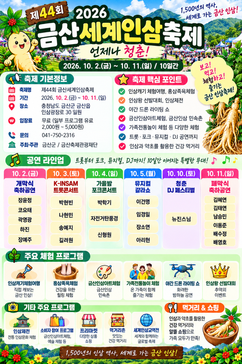 2026 금산세계인삼축제 가수 라인업 총정리! 장윤정·코요태·박현빈·뉴진스님