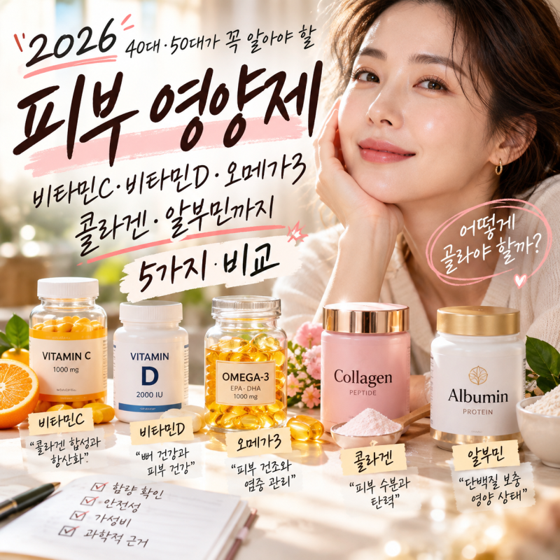 2026 피부 영양제 추천｜40대·50대가 꼭 알아야 할 비타민C·비타민D·오메가3 고르는법, 콜라겐....
