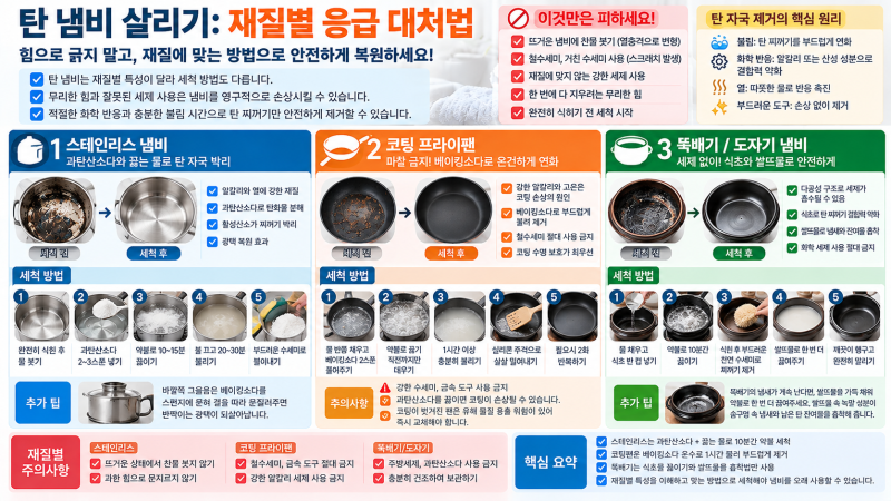 탄 냄비 살리기: 스테인리스, 코팅팬, 뚝배기 재질별 응급 대처법