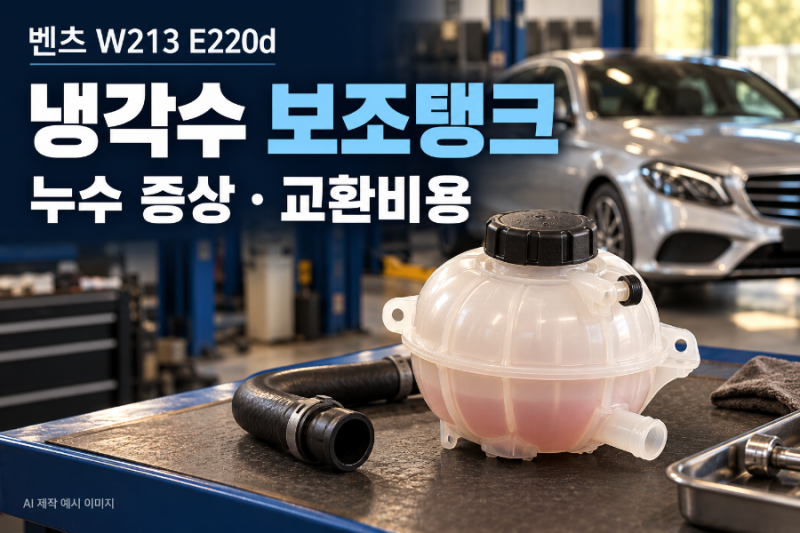 벤츠 W213 E220d 냉각수 보조탱크 누수 증상, 압력캡 점검과 교환 비용