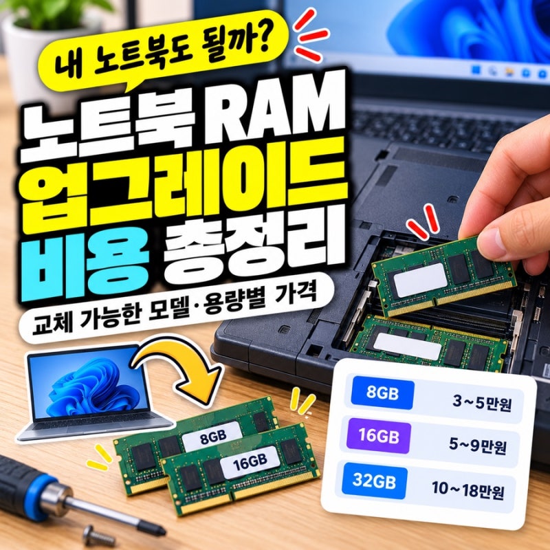 노트북 RAM 업그레이드 비용｜교체 가능한 모델·용량별 가격