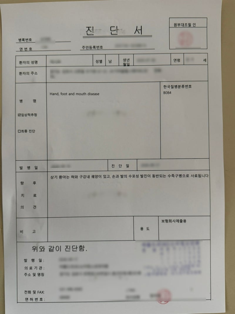 수족구 보험 20만원 받은후기 (진단금&청구서류)