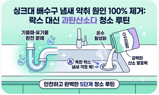 싱크대 배수구 냄새 악취 원인 100% 제거: 락스 대신 과탄산소다 청소 루틴