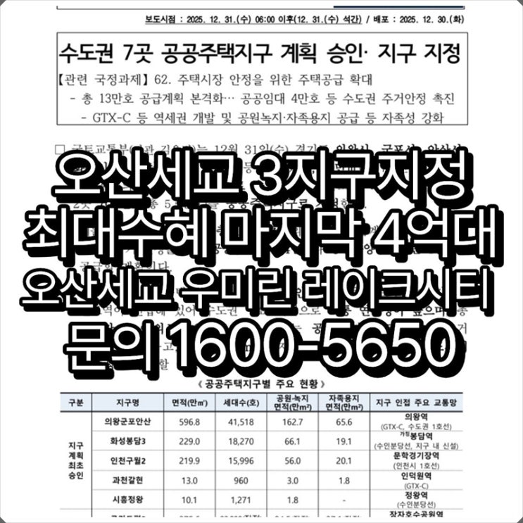 오산세교 3지구 구역지정 확정 발표, 오산세교 우미린 레이크시티 수혜아파트 마지막4억대 줍줍