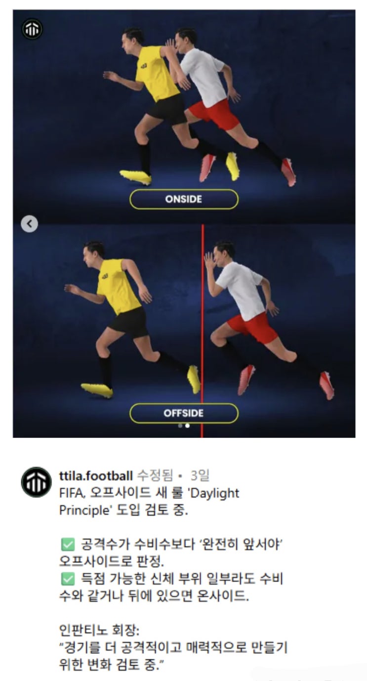  FIFA, 오프사이드 새 룰인 Daylight Principle 도입 검토 중