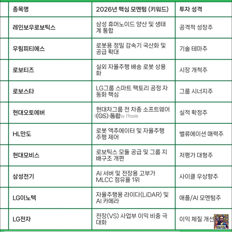  현대오토에버 현대모비스 우림피티에스 레인보우로보틱스 삼성전기 로보티즈 로보스타 LG이노텍 HL만도 LG전자 2026 로봇 대장주 및 주가 전망