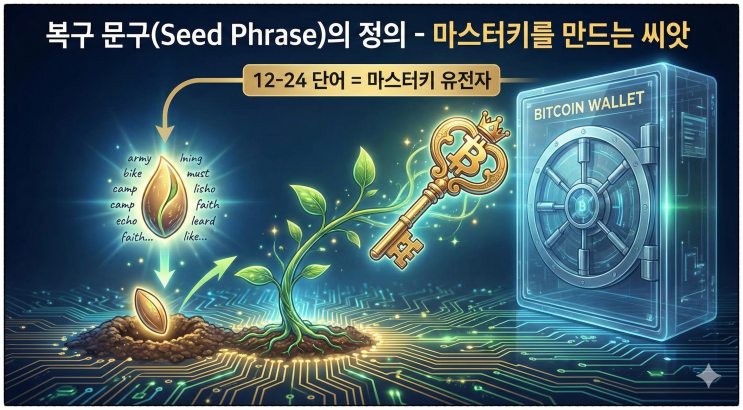  12개 영어 단어만 적어두세요! 비트코인을 살리는 '복구 문구(Seed Phrase)'의 마법