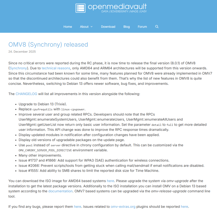  OpenMediaVault 8.0 정식 출시 - 실사용자 관점 주요 Update 정리