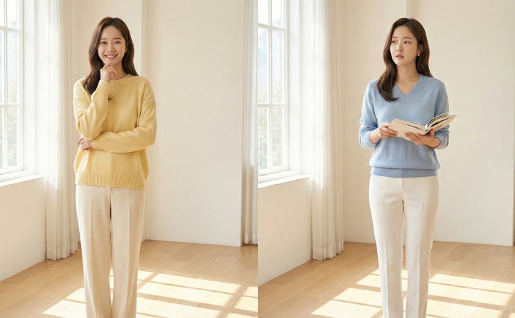  [Spring Ep.1] 새해엔 블랙을 벗으세요! 패딩 속에 입는 '반사판 니트'로 얼굴 톤 1.5배 밝히기 (#버터옐로우 #파우더블루 #봄니트)