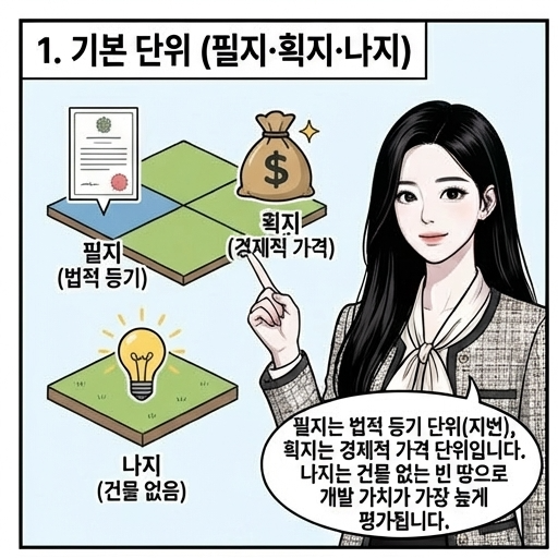  부동산 필지 획지 나지 건부지 공지 소지 선하지 포락지 법지 빈지 유휴지 휴한지 공한지 한계지 일단지 뜻