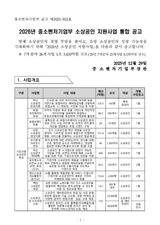  [2026년 소상공인 지원사업 통합공고]