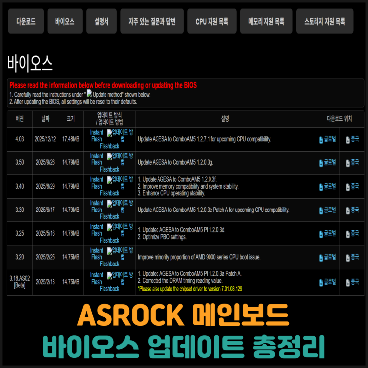  ASROCK 메인보드 바이오스 업데이트 방법 총정리