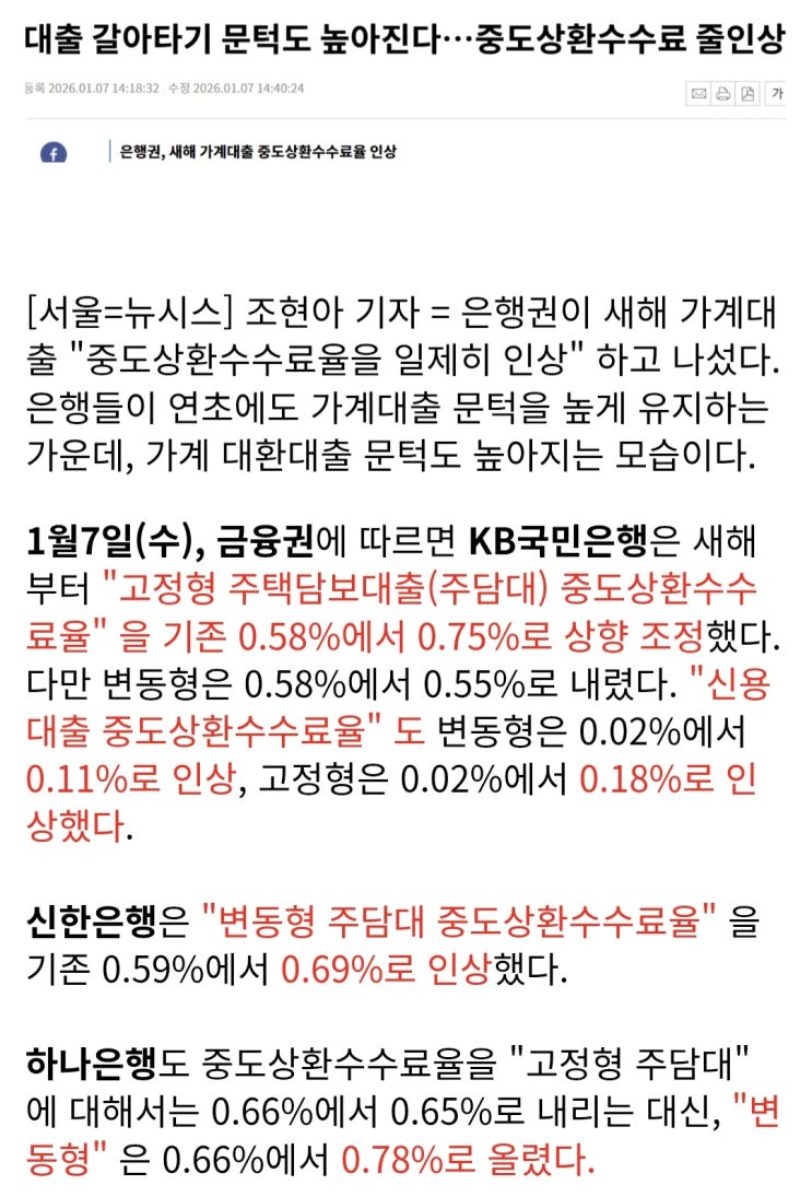  주요 은행들, 일제히 주택담보대출 중도상환수수료, 줄인상 시작
