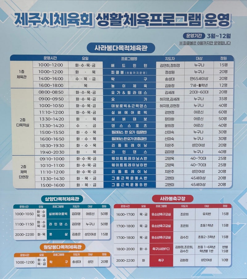 제주시체육회, 생활체육프로그램 운영, 무료 근력운동 시작, 사라봉 다목적 체육관