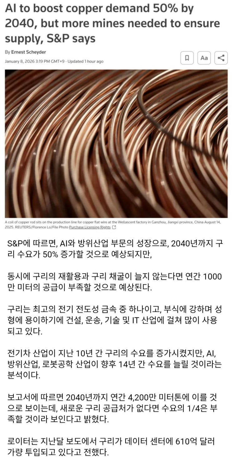  AI는 구리의 수요를 2040년까지 50% 늘릴지도 모른다