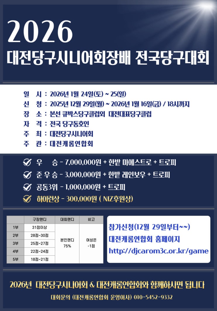  대전의 중심에서 품격을 논하다!  2026 대전당구시니어회장배 전국당구대회