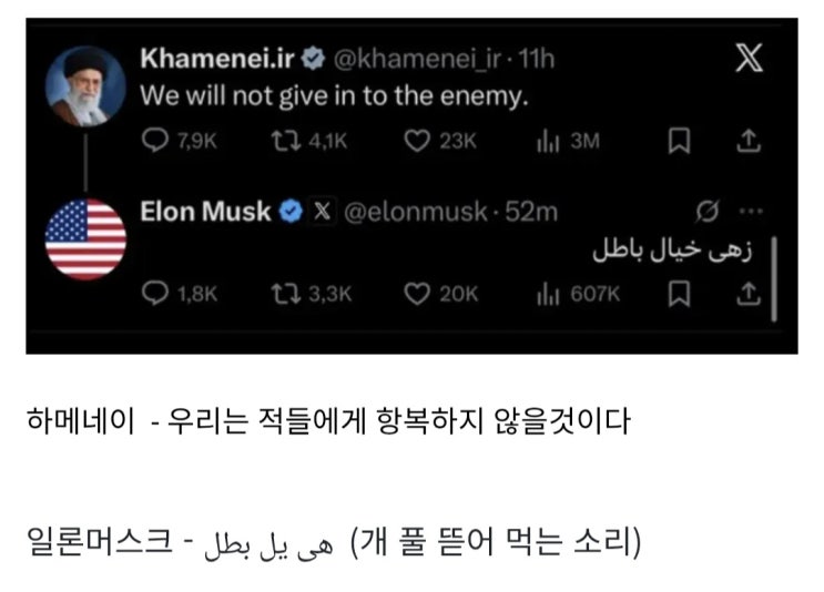  이란 하메네이 X 공식 게시물에 일론 머스크가 페르시아어로 답글