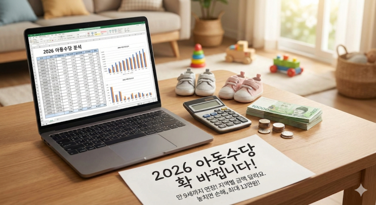  2026 아동수당 언제까지? 9세 확대 및 지역별 금액 차이 완벽 정리 (쌍둥이 아빠의 엑셀 분석)