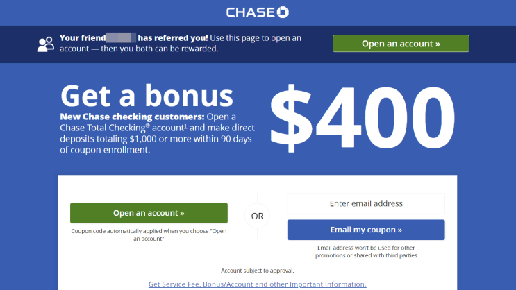  미국 체이스 뱅크 Chase 은행 계좌개설 예약 400불 뱅크 보너스 코드받고 만들기 방법과 서류