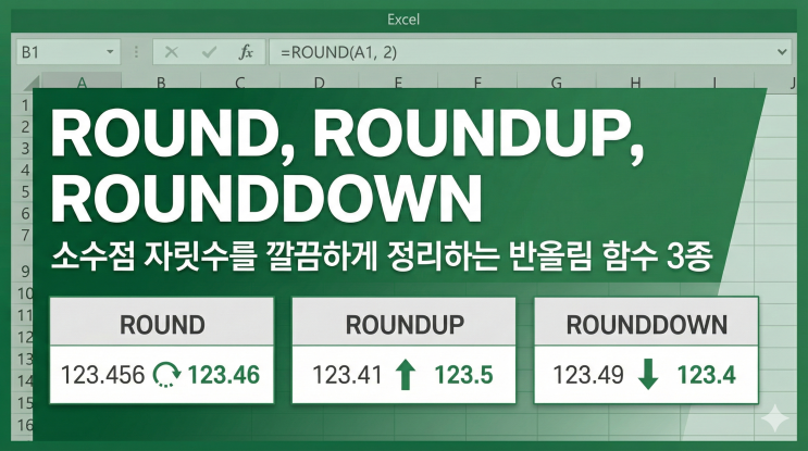  [엑셀 함수] ROUND, ROUNDUP, ROUNDDOWN - 소수점 자릿수를 깔끔하게 정리하는 반올림 함수 3종