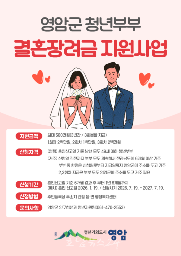 영암군, 2026년도 청년부부 최대 500만원 지원