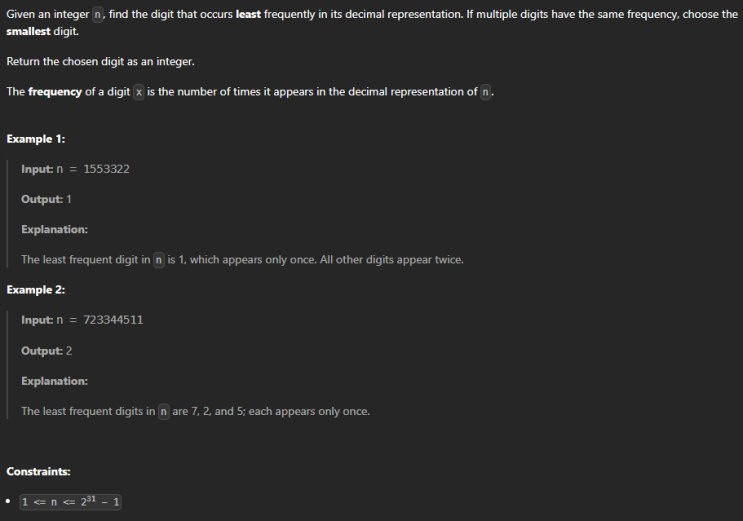  JAVA_LeetCode 3663_Find The Least Frequent Digit