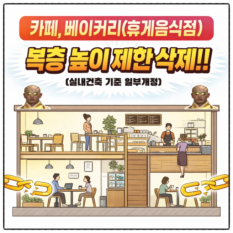  카페, 베이커리(휴게음식점) 복층 높이 제한 삭제!!! (실내건축 기준 일부개정)