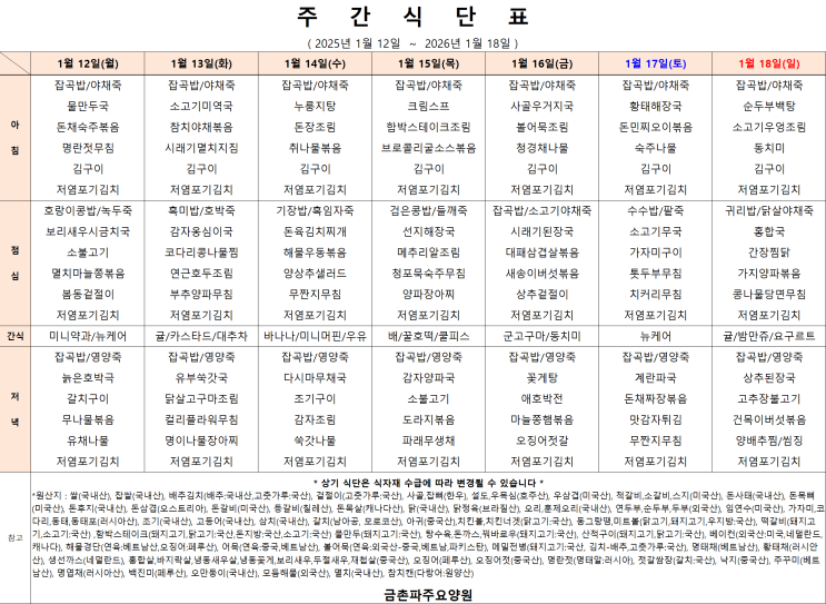  1월 2주차 주간식단표