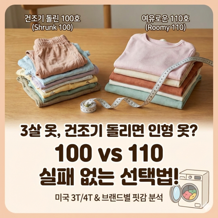  [아기 옷 사이즈표] 3살 쌍둥이 100 vs 110호? 미국 3T 4T 실패 없이 고르는 팁 (건조기 수축 실험)